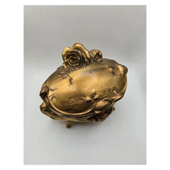 Beautiful Early 1900's Art Nouveau Ornate Gold Sculpted Rose Footed Jewelry Cask - Picture 4 of 9